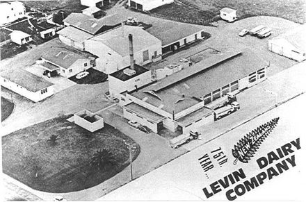 Aerial view of Co-op Dairy Factory, Queen St., Levin