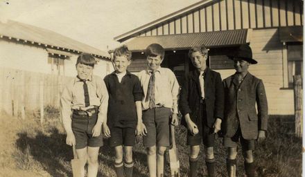 5 boys with cricket gear, Vogel Street, c.1920