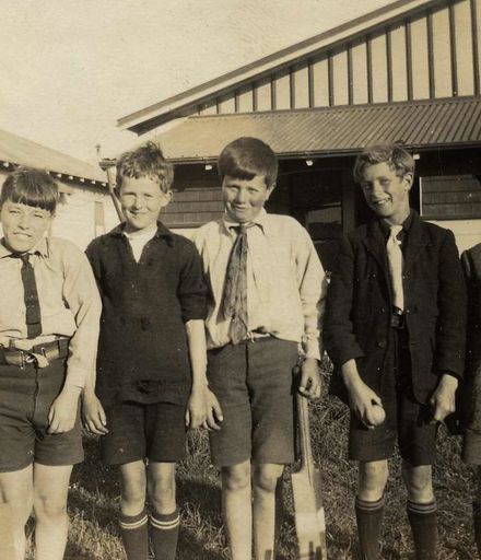 5 boys with cricket gear, Vogel Street, c.1920