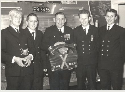 Levin Volunteer Fire Brigade, with team trophy, 1969