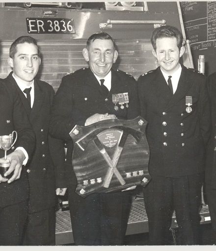 Levin Volunteer Fire Brigade, with team trophy, 1969