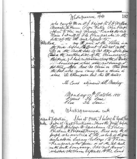 Otaki Maori Land Court Minutebook  - 17 October 1881.