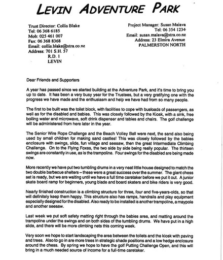 Levin Adventure Park letter to Friends and Supporters July 2002