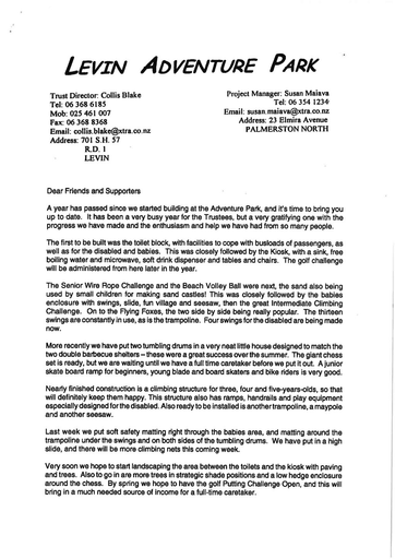 Levin Adventure Park letter to Friends and Supporters July 2002