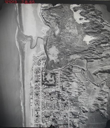 Otaki Beach township and Waitohu Stream mouth, 1965