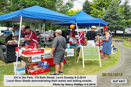HJP 0417  Art in the Park, 119 Bath Street, Levin Sunday 9-2-2014  Local Menz Sheds demonstrating their wares and selling snacks.