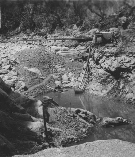 Water removed from downstream base of No.2 Dam, Mangahao, 1936