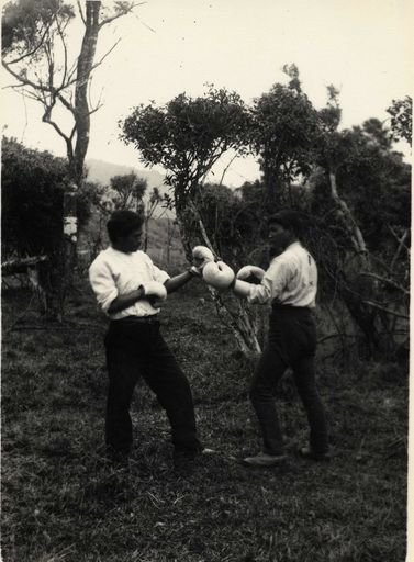 Two Unidentified Maori Youths Sparring With Boxing Gloves
