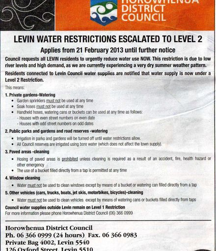 Horowhenua District Council water restrictions