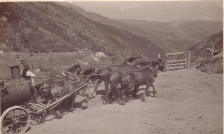 "Boiler" being pulled by team of horses to No.3 Dam, Mangahao, 1920