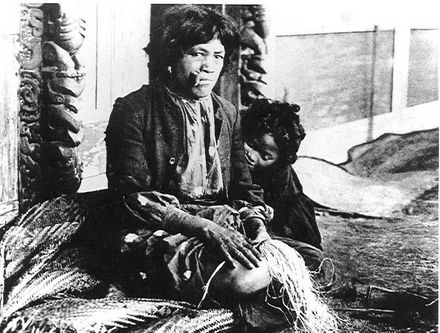 Maori woman preparing flax fibre for weaving