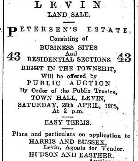 Advertisement for sale of the Petersen Estate.