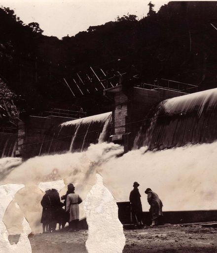 First water over completed Upper Dam, Mangahao, 1920's