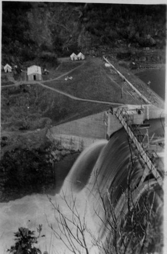 Excess water flowing over No.2 Dam, Mangahao, 1936
