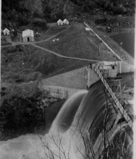 Excess water flowing over No.2 Dam, Mangahao, 1936