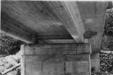 View of underside of new concrete bridge over Tramway Creek, Mangahao, 1936