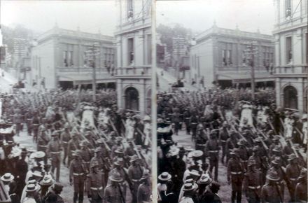 N.Z. Troopers as 'Escort' to Imperial Contingent, corner of Willis & Manners Streets, Wellington, 1901