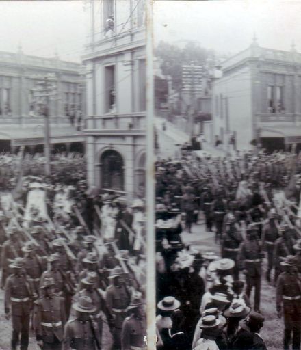 N.Z. Troopers as 'Escort' to Imperial Contingent, corner of Willis & Manners Streets, Wellington, 1901