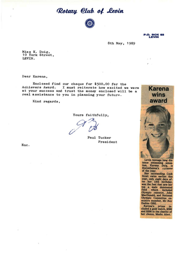 Karena Doig Letter from Rotary Club of Levin