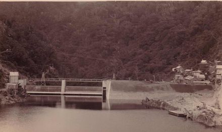 Looking across the reservoir of the completed and filled dam, Mangahao, 1920's