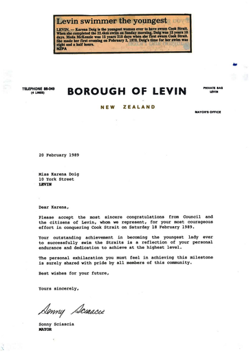 Karena Doig letter of congratulation from Borough of Levin - Resource cover image