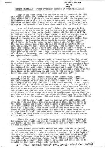Hector McDonald - Horowhenua Historical Society account