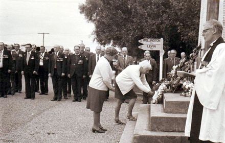 Connie Anderson and Dulcie Crowe laying Old Folks wreath, Anzac Day mid 1970's