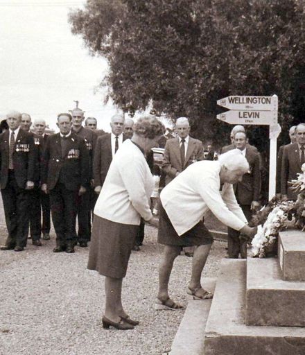 Connie Anderson and Dulcie Crowe laying Old Folks wreath, Anzac Day mid 1970's