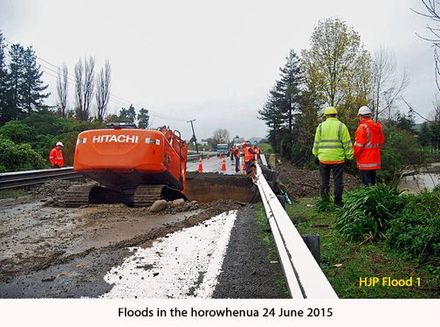 Flood 1 Digger repairing washout in the Waikawa River June 2015