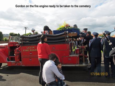 Gordon on the fire engine ready to taken to the cemetery