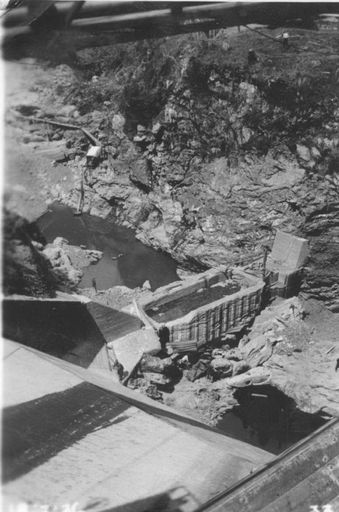 Looking down from top No.2 Dam with water pumped out, Mangahao, 1936