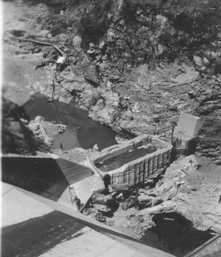 Looking down from top No.2 Dam with water pumped out, Mangahao, 1936