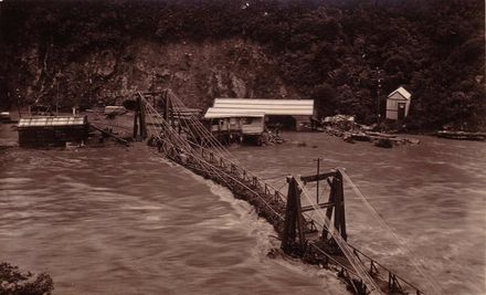 Flood threatening bridge at No.2 Dam, early 1920's