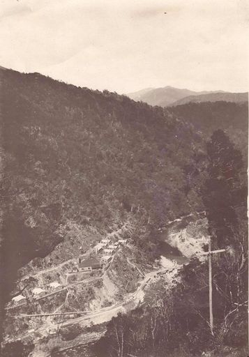 View of No.2 Dam site and camp from top of Jigline, 1921