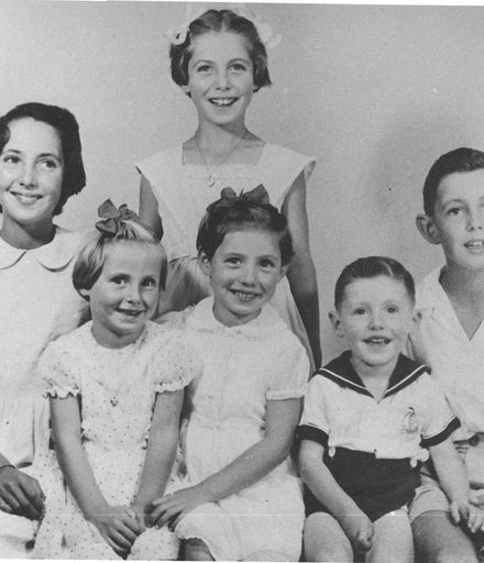 Family portrait of 6 unidentified children (4 girls & 2 boys), 1950's - 60's