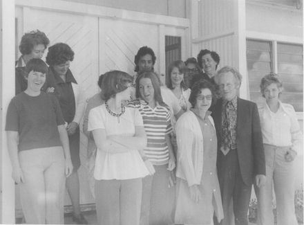 Another view of staff group - 14 women with Mr Foxton, 22 December 1977