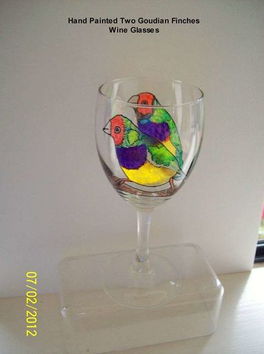 Hand Painted two Goudian finches wine glass