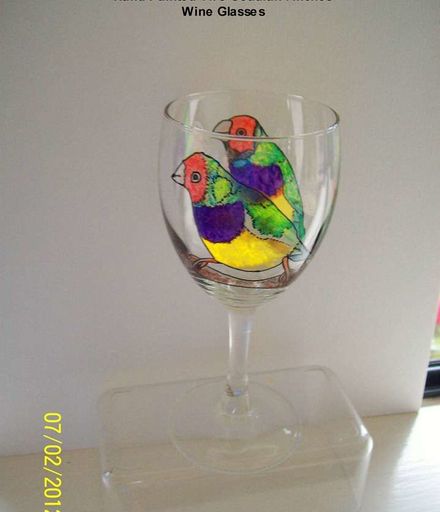 Hand Painted two Goudian finches wine glass