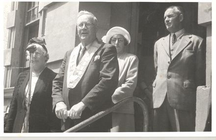 Mayor Parton (Levin Mayor 1950-53) officiating on steps of Levin Post Office