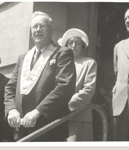 Mayor Parton (Levin Mayor 1950-53) officiating on steps of Levin Post Office