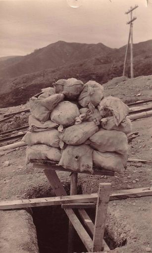 Pile of sand bags used in bearing test on pipeline, 23 June 1922