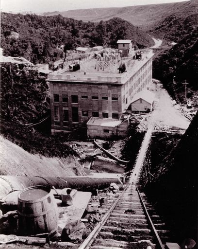 Powerhouse with some electrical equipment installed on roof, 1923