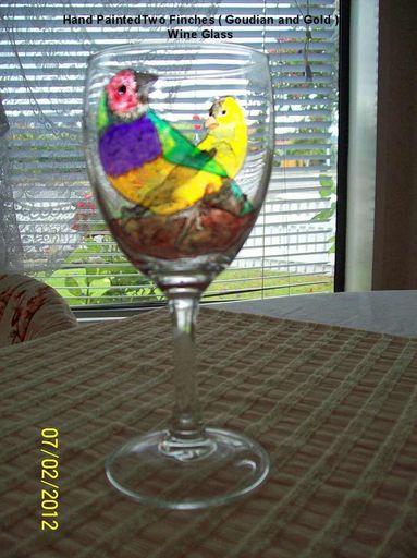 Hand painted Two Finches ( Goudian & Gold ) wine glass