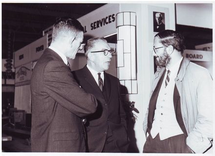 3 men near Hall of Light, Electricity Exhibition 1972
