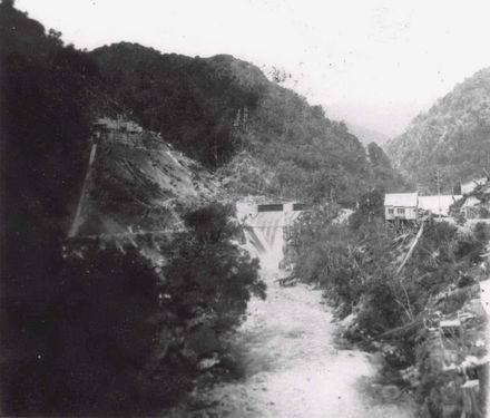 Looking upstream of Mangahao River to completed dam, mid 1920's