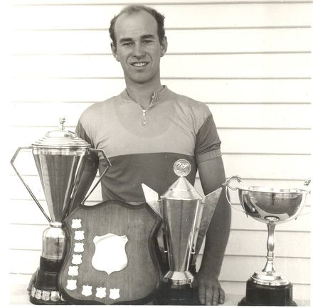 Mr Cook with trophies won at cycling meeting in Masterton - Resource cover image