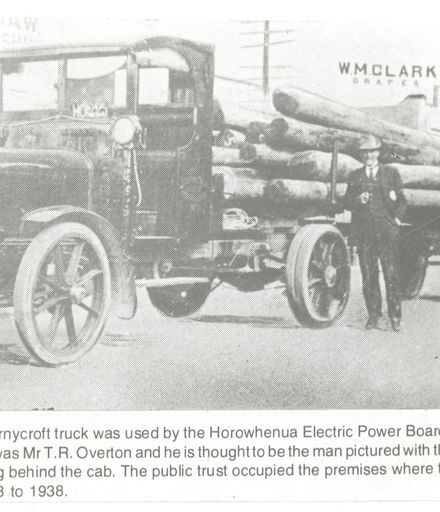 H.E.P.B. Thornycroft truck with load of wooden power poles, c.1923