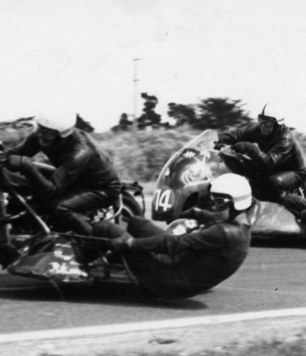 Motor cycle side-car racing at the Levin motor races, 1968
