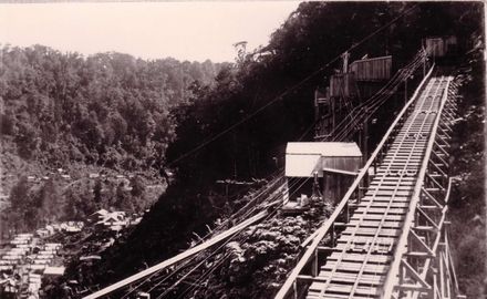 Tram-line and camp at Upper Mangahao Dam (?), c.1923