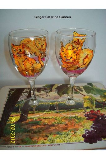 Hand Painted Ginger Cats wine glasses